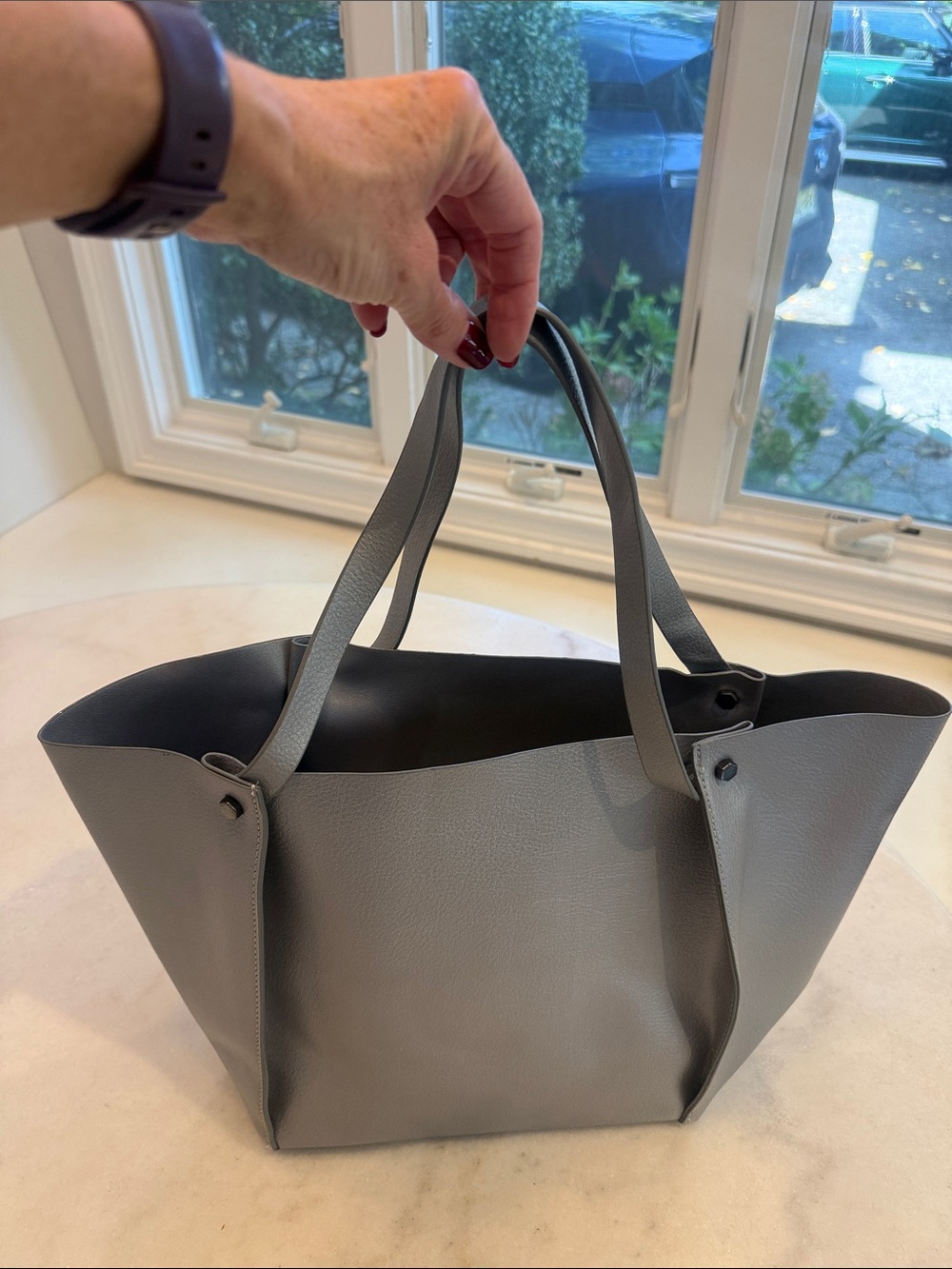 NWOT Neiman Marcus faux leather  OPEN Gray Tote
